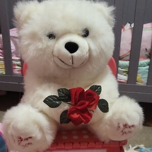 Valentine's Day Plush White Teddy Bear with Red Rose